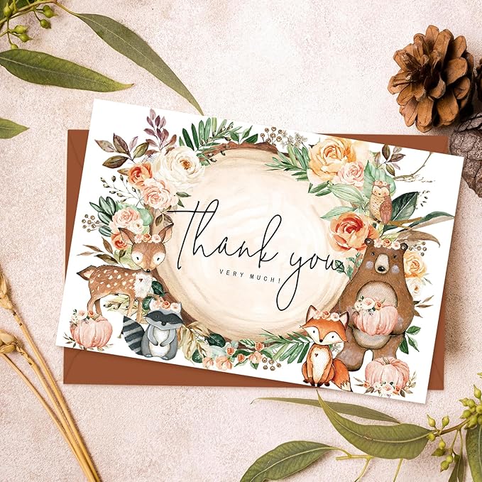 JarThenaAMCS 50 Pack Fall Woodland Thank You Cards Boxed Forest Animal Floral Pumpkin Greeting Cards with Envelopes Stickers Autumn Blank Note Card for Birthday Baby Shower, 4 x 6 Inch