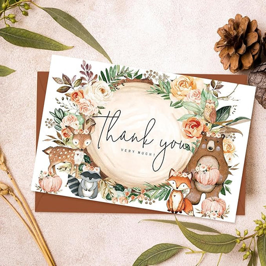 JarThenaAMCS 50 Pack Fall Woodland Thank You Cards Boxed Forest Animal Floral Pumpkin Greeting Cards with Envelopes Stickers Autumn Blank Note Card for Birthday Baby Shower, 4 x 6 Inch