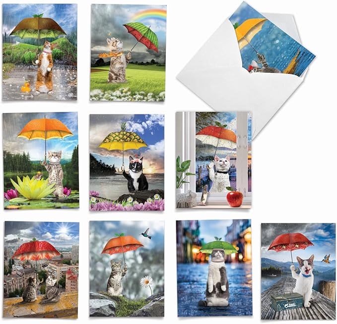 The Best Card Company - 10 All Occasion Blank Cat Cards (4 x 5.12 Inch) - Cute Assorted Bulk Card Set - Fruit Cat AM6323OCB-B1x10