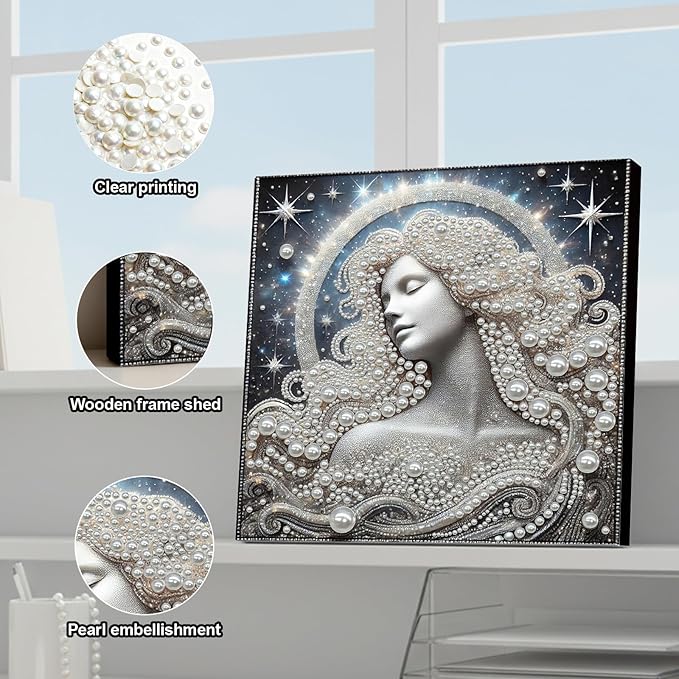 DIY Pearl Painting Kit with Wooden Frame, 3D Plastic Pearl Gemstone Ocean Art Craft for Adults Beginners, Diamond Art Kits for Adults, Home Wall Decor Ready Gift for Women(Celestial Goddess)(30*30cm)