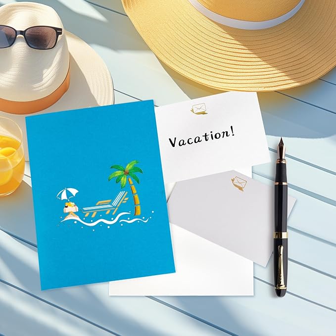 GREETING ART Beach Vacation Anniversary Pop Up Card, Beach Birthday Card, Happy Travel Summer Cards, Tropical Vacation Cards for Retirement, Father’s Day, Thinking of You, Valentines Day