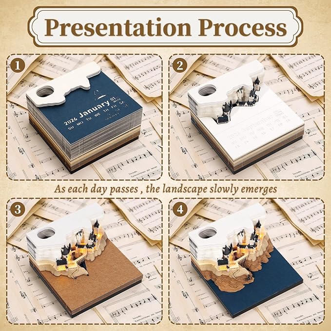 3D Time Piece Calendar 2026 3D Tear Away Mini Desk Calendar with LED Light Art Memo Pad Notepad Desktop Decoration Gift for Christmas (With Weekly Calendar & Light)