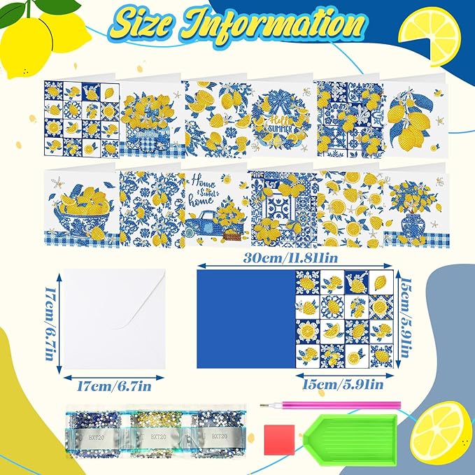 Saillong 12 Pack Capri Lemon Diamond Painting Greeting Card Kit with Envelopes Blue Yellow Lemon Diamond Art Cards 5D Rhinestones Painting Making Kits for Adult DIY Craft Family Friend Holiday Gifts