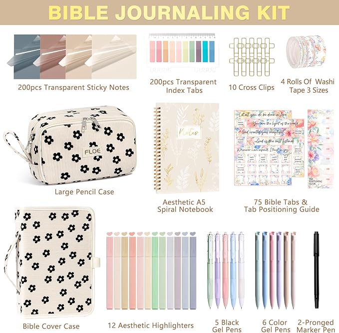 Bible Study Supplies Journaling Kit for Women with Bible Cover Case, Christmas Christian Gifts for Women, Bible Study Tools Accessories Set with Highlighters Pens, Pencil Case Notebook Annotation Kit