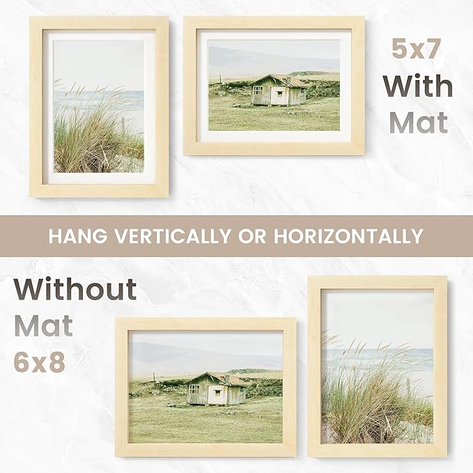 6x8 Picture Frame, USA-Sourced Natural Maple Wood Photo Collage Frame with HD Tempered Glass, Modern Simple 6 x 8 Wooden Frame Matted to 5x7, Gallery Wall Frames for Art, Wall or Tabletop Display