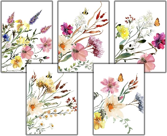Wildflowers Greeting Cards - Set of 10 All Occasion 5x7 Note Cards with Envelopes. Blank Inside. Watercolor Designs of Wildflower Bouquets