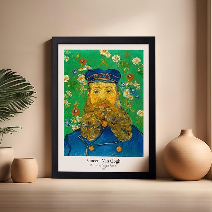 Monem Art Vintage Van Gogh Poster - Retro Portrait of the Joseph Roulin Print - Impressionism Art - Postman Art - Fine Art - Classic Painting Art - Living Room Wall Decor - 16x20 Black Framed