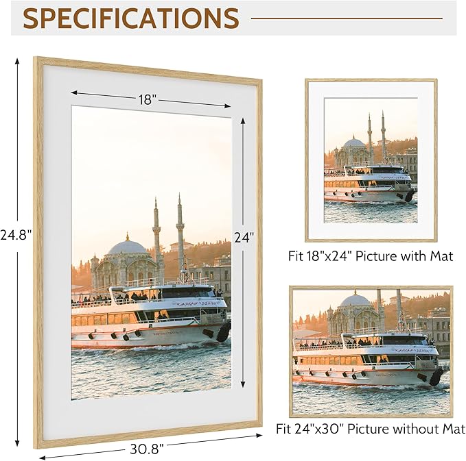 Dreamland Natural Oak Wood Picture Frame 24x30, Wooden Poster Frame with Mat for 18x24, 24 x 30 Matted Picture Frames with Tempered Real Glass for Wall Art Photo and Prints, Oak Color, Set of 1