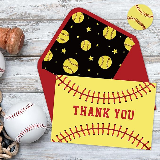Whaline 24 Pack Softball Thank You Cards Greeting Cards Red Black Yellow Sports Theme Blank Note Card with Envelopes Stickers for Sports Fans Game Party Birthday, 4 x 6 Inch