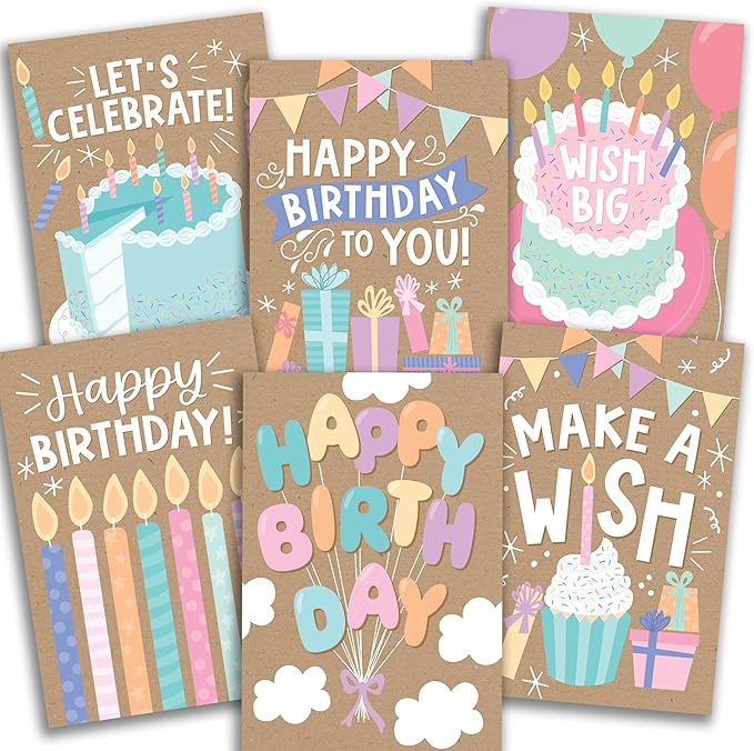 Hadley Designs Happy Birthday Cards Bulk with Envelopes - 24 Assorted Birthday Cards for Kids & Adults, Bulk Greeting Card Pack for Office, Blank Generic Bday Notecards with Envelopes, Designed in USA