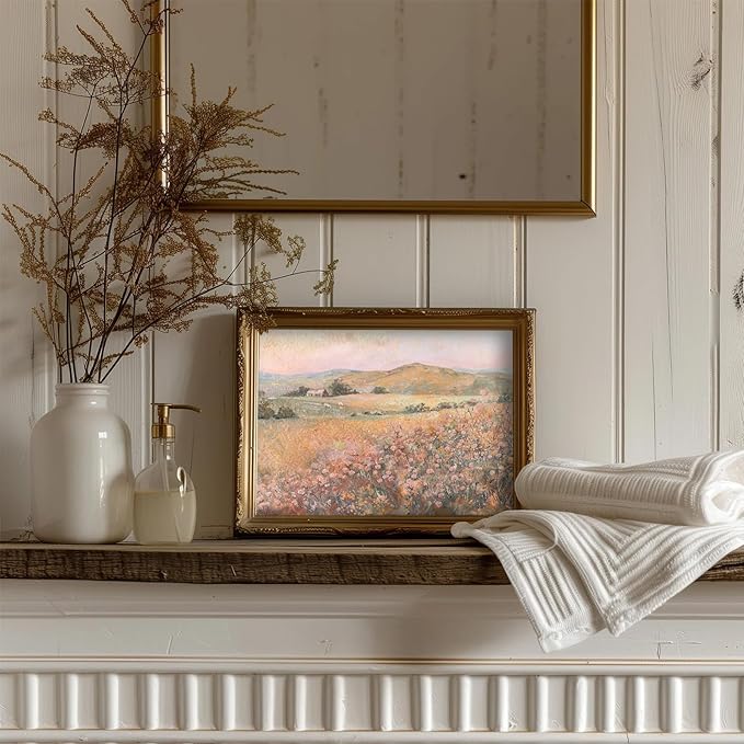 uniro Vintage Wall Art Prints Wildflower Farmhouse Wall Decor, Vintage Landscape Canvas Oil Painting Peach Pink Flowers Mounatin Artwork for Bedroom Nursery Decor (8" x 10"-UNFRAMED)