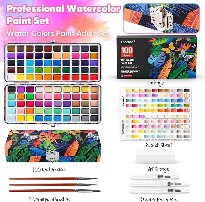 Taotree Watercolor Paint Set 100 Colors, Art Supplies Watercolors Kit Travel Water Colors with 3 Paints Brushes, Crafts Painting Supplies, Drawing Christmas Gifts for Teens Girls Boys Adults Artists