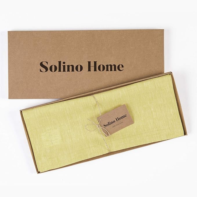 Solino Home Linen Chambray Yellow Table Runner 108 Inches Long - Athena, 100% Pure Linen Dining Table Runner 14 x 108 Inch for Spring, Easter