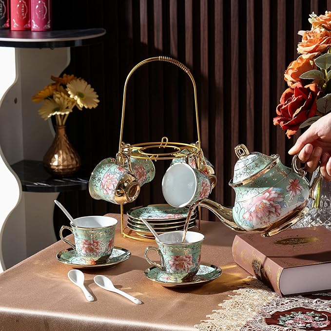 Zhehao 20 Pcs Porcelain Tea Set with Metal Holder and Spoon Adult Ceramic Tea Set European Flower Painting Teapot Cup Saucer Spoon for Women, Large Version(Fresh Style)