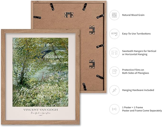 Monem Art Vintage Van Gogh Poster - Retro Impressionist Print - River Bank in Springtime, Flowers, Landscape - Gift for Artist, Friend - Wall Decor for Home, Office, 11x14 Beige Framed