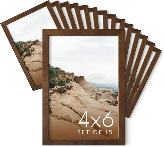 Haus and Hues 4x6 Walnut Oak Wood Photo Frame Set of 15 - Mini Picture Frames Bulk Gallery Set - Premium Bulk Picture Frames 4x6 for Stylish Photo Gallery Wall Frame Set - Ideal for Home & Office