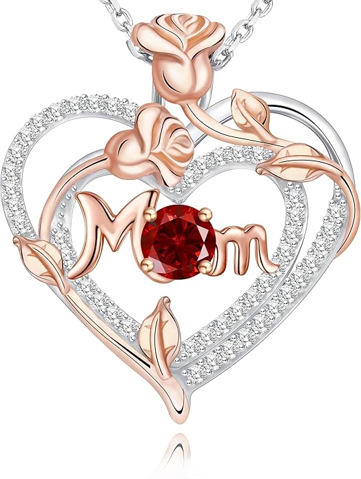 Mothers Day Gifts for Mom - Rose Heart Necklaces for Women, 925 Sterling Silver Birthstone Jewelry to My Wife Necklace, Birthday Gifts for Mother Grandma Girlfriend Her