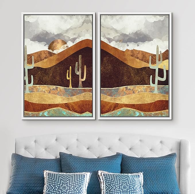 SIGNWIN Framed Canvas Print Wall Art Set Geometric Granite Desert Cactus Landscape Nature Wilderness Illustrations Modern Art Scenic Colorful for Living Room, Bedroom, Office - 24"x36"x2 White