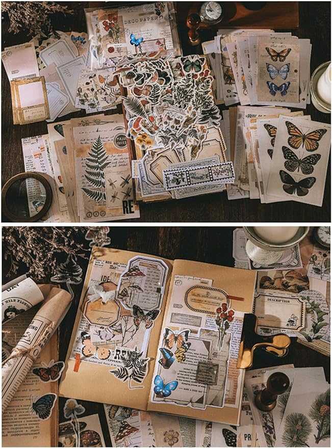 200PCS Vintage Scrapbooking Supplies Kit for Journaling, Scrapbook Sticker Paper Pack for for Bullet Journals Junk Journal Planners Aesthetic Cottagecore Room Decor Wall Art Collage Album (Nature)