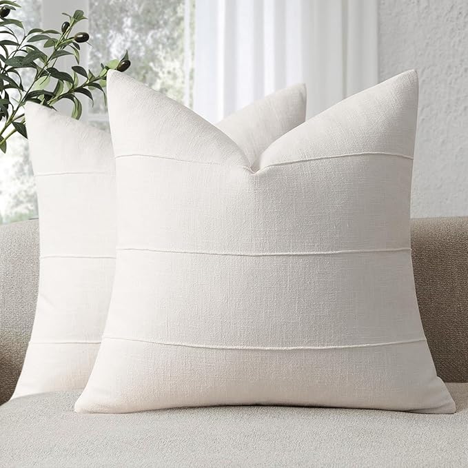 Decorative Linen Throw Pillow Covers 26x26 Set of 2 Solid handcrafted Striped Cushion Covers for Bed Soft Modern Farmhouse Neutral Pillowcase for Couch Bedroom Living Room Home Decor(Cream White)