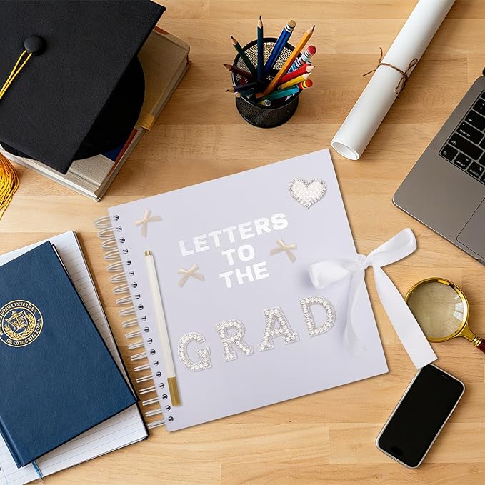 BINBE 10 x 10 Inch Letters to The Grad Scrapbook School Memory Book DIY Blank Paper Scrapbook Photo Album Book Sign with Pearl Stickers, Metallic Letters, Bows (White)