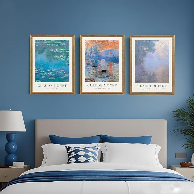 SYWENNOI 3 Pieces Wood Frames Vintage Canvas Wall Art, Claude Monet Impressionism Art Wall Decor, Minimalist Classic Botanical Designs Painting Prints for Living Room Bedroom Offices 16x24 Inch