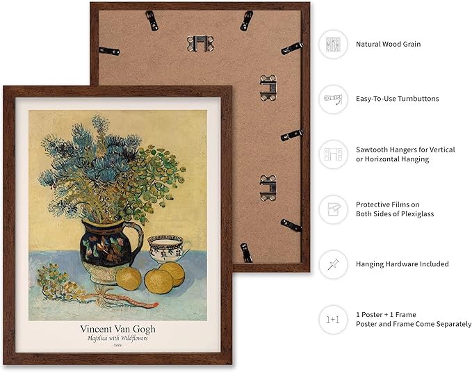 Monem Art Vintage Van Gogh Poster - Retro Majolica with Wildflowers Print - Impressionism Art - Flower Art - Fine Art - Classic Painting Art - Floral Living Room Decor - 16x20 Brown Framed