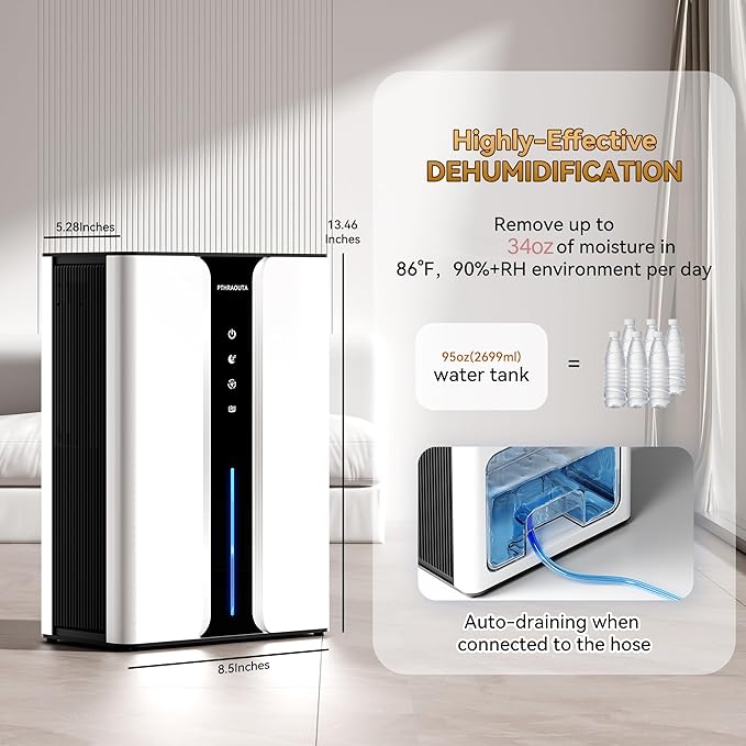 Home Dehumidifier with Drain Hose, (950 sq.ft) 95oz Quiet dehumidifier for Bedroom Bathroom, with Air Reusable Filter Indoor deshumidificador for Basement RV Closet