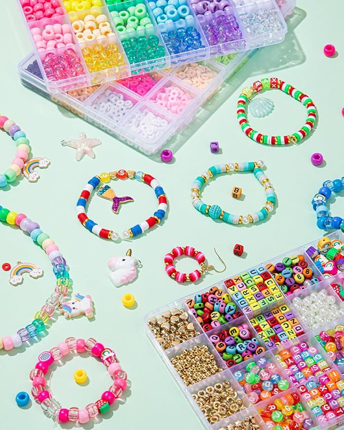 Taybonds Friendship Bracelet Making Kit for Girls Age 6+, 3 Boxes Jewelry Making Kit with Polymer Clay Charms, Clay, Pony, Letter Beads, Pearls, Unicorn Mermaid Rainbow Pendants, Craft Supplies Gift