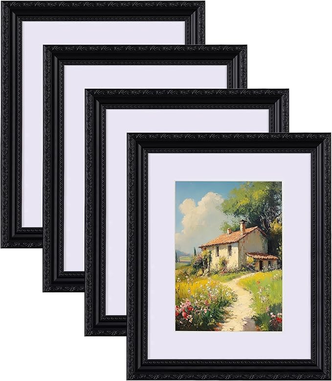 eletecpro 8x10 Picture Frames Set of 4, Vintage Photo Frame with Glass, Frames 8 x 10 Display 5x7 Photo with Mat or 8x10 without Mat for Tabletop or Wall Decor, Black