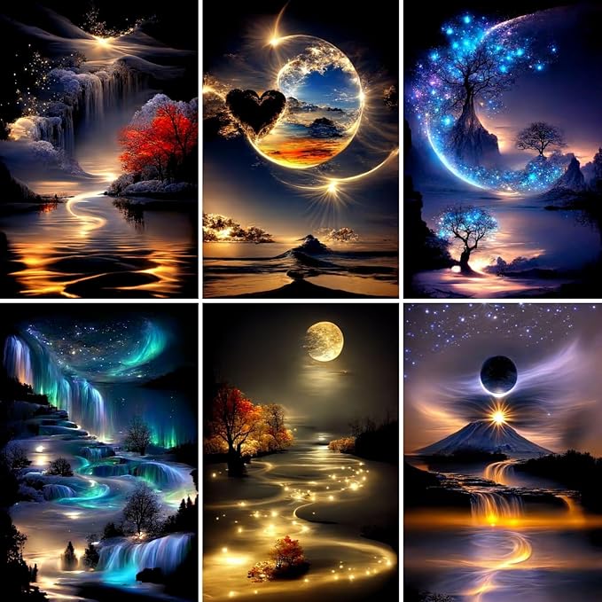 6 Pack Diamond Art Kits for Adults,Landscape 5D Diamond Painting for Adult Beginners, Moon DIY Full Drill Round Gem Painting Dot Art Sets,Home Wall Decor 9.8x13.8 Inch