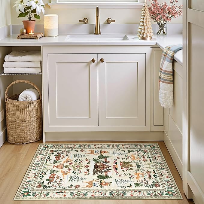 jinchan Christmas Rug 2x3 for Entryway Kitchen Small Holiday Rug for Porch Bathroom Christmas Tree and Cabin Printed Winter Xmas Decor Washable Doormat for Bedroom Non Slip Green on Beige