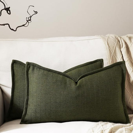 12x20 Linen Pillow Covers Olive Green Pack of 2 Farmhouse Boho Neutral Accents Striped Textured Rectangular Lumbar Decorative Throw Pillow Cases for Living Room Couch Bed Home Decor