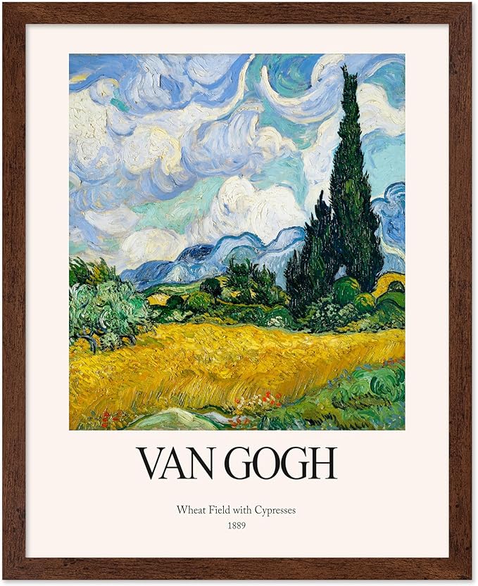 Monem Art Vintage Van Gogh Poster - Retro Impressionist Print - Wheat Field With Cypresses, Trees, Sky, Landscape - Gift for Artist, Friend - Wall Decor for Home, Office, 8x10 Brown Framed