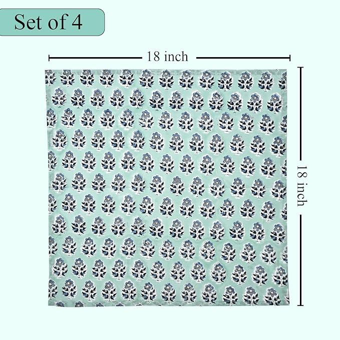 CPC Cloth Napkins 100% Cotton Set of 4 Reusable Napkins, Indian Block Print Toile Floral Dinner Napkin, Fall Thanksgiving Christmas Holiday Party Gift - Soft Absorbent Napkin, 18"x18" Poppy Blue