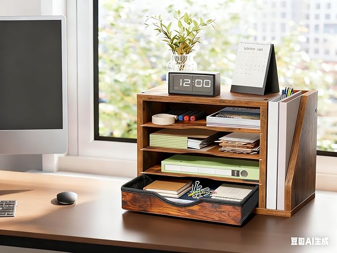 File Organizer with Drawer, Office Desk Organizer Wood, with 4 Adjustable Shelves, Mail Sorter with Drawer, Office Desk Paper Holder, Brown