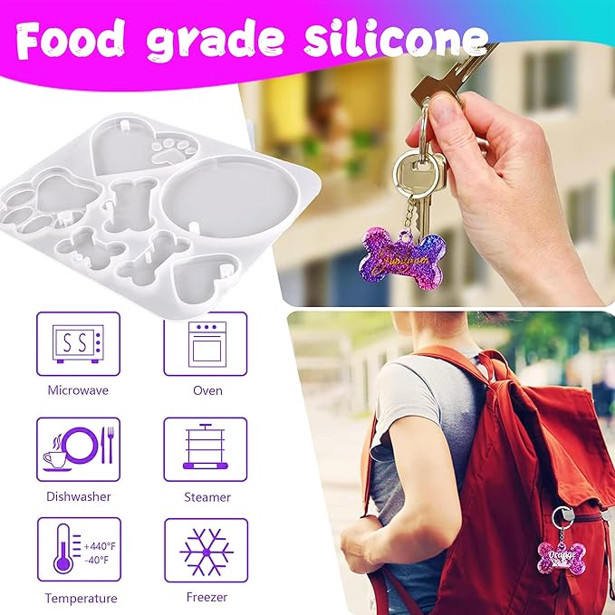 Pet Tag Resin Molds, SAGOOITS Silicone Mold for Resin Casting Pet Collar Tags, Silicone Mold Set with 10 Keychains, DIY Keychain Pendant Charm Crafts-Make Dog Cat Name Tags