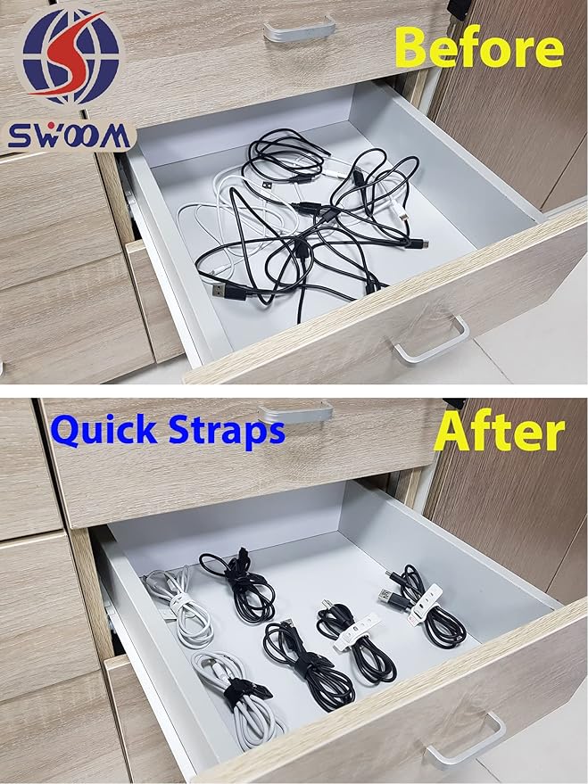 SWOOM Silicone Cable Ties,Fastening Cable Management,Reusable Wire Organizer,Cable Straps Hook and Loop Cord Ties,Adjustable Ties,Premium Cord Organizer Wire Ties,Elastic Cord Organizer (Black+White)