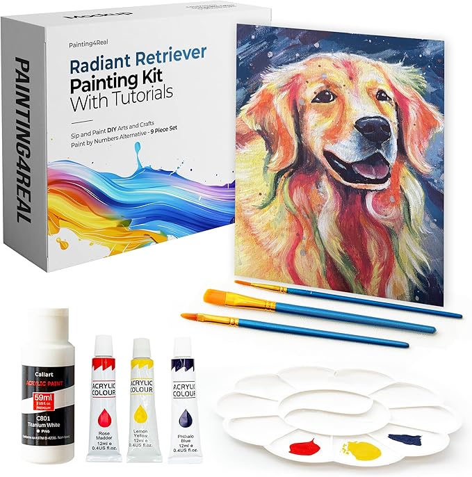 DIY Painting Class Kit for Adults with Video Tutorials: Learn to Paint Radiant Retriever – How to Paint with Acrylics – Painting & Art Supplies – 9 Piece Acrylic Paint Set