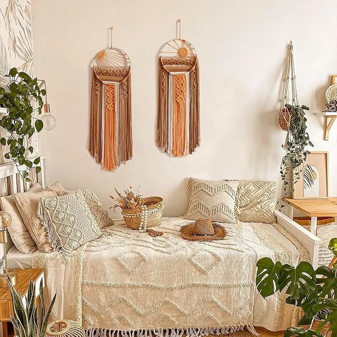 2 Pack Macrame Sun Wall Decor Set - Hand Woven Sunrise Sunset Boho Hanging Tapestry Wall Art, Orange Brown Rustic Dream Catcher Home Decor for Bedroom Living Room Nursery