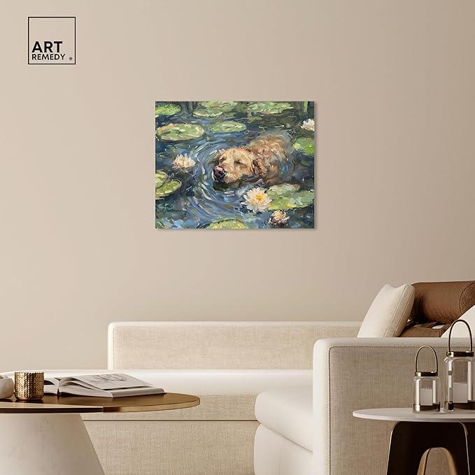 Art Remedy Monet Water Lilies Dog Rustic Chic Farmhouse Canvas Wall Art, Gallery Wrapped, 36"x30"
