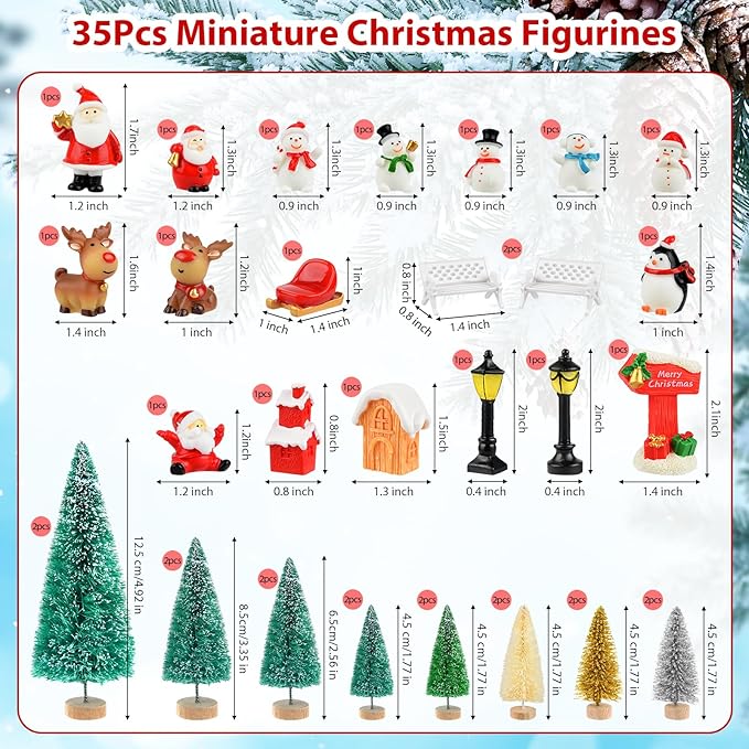 PLULON 33Pcs Christmas Village Accessories for Crafts Mini Christmas Trees Xmas Figurines Ornaments Bottle Brush Trees Snowman Deer Micro Landscape for Winter Holiday Home Party Decorations