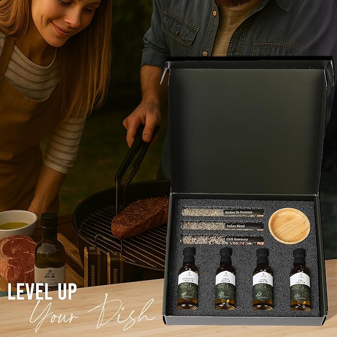 Infused Olive Oil Gift Set – Variety Pack - 4 Flavored Olive Oil Extra Virgin, 3 Spice Flavorful Infusion Blends, Bread Dipping Bowl & Recipe Booklet - Set of 8 – Gourmet Cooking Gifts for Women