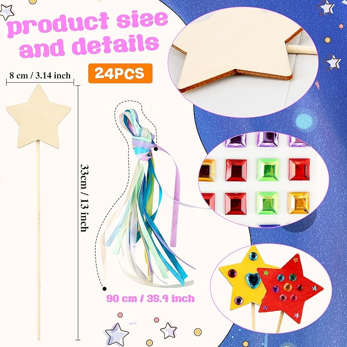 72 Pcs Unfinished Star Princess Fairy Wands Kit Make Your Own Princess Wand DIY Art Craft Magical Wand Include 24 Star Wooden Fairy Wands 12 Gem Stickers 24 Ribbons 12 Markers for Kids Party Supplies