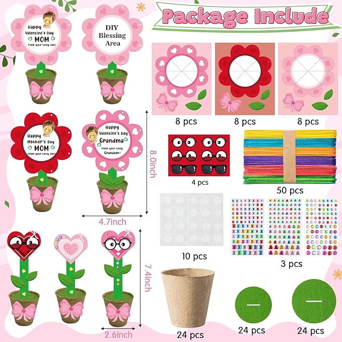 WATINC Valentine's Day Foldable Flower Paper Pot Craft Kits - 24 Packs Make Your Standing Flowers Gift Crafts Decoration, Fun DIY Decor Home School Classroom Art Activities for Kids (Heart Flower)