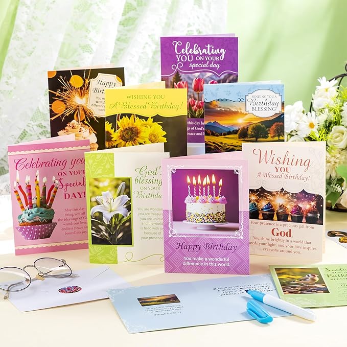 48 Pack Religious Christian Birthday Cards Bulk with Scripture Assorted Bible Verse 4.5 x 6.2 Inch Christian Blessings Birthday Greeting Cards with Envelopes and Stickers (Warm Message Style)