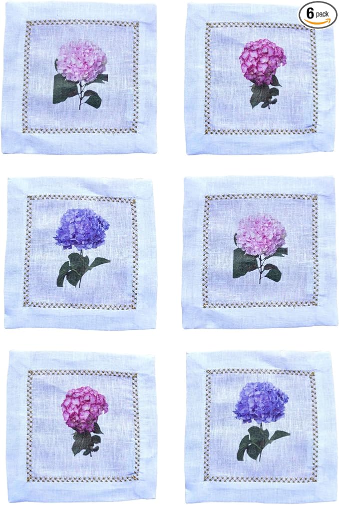 Cocktail Napkins Set of 6, 6x6 inch, 100% Linen, Printed Floral Design, Reusable & Washable Napkin Coasters for Beverages, Parties, Weddings & Everyday Use (Hydrangea)