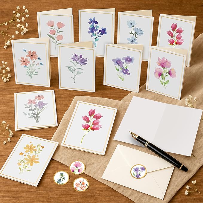 30 Pack Floral Blank Cards and Envelopes – 4 x 6 Inch Greeting Stationery Set for Encouragement, Celebration, Sympathy, Gratitude, 10 Botanical Image, Coordinated Liners, Seal Sticker, Gift Ready Box