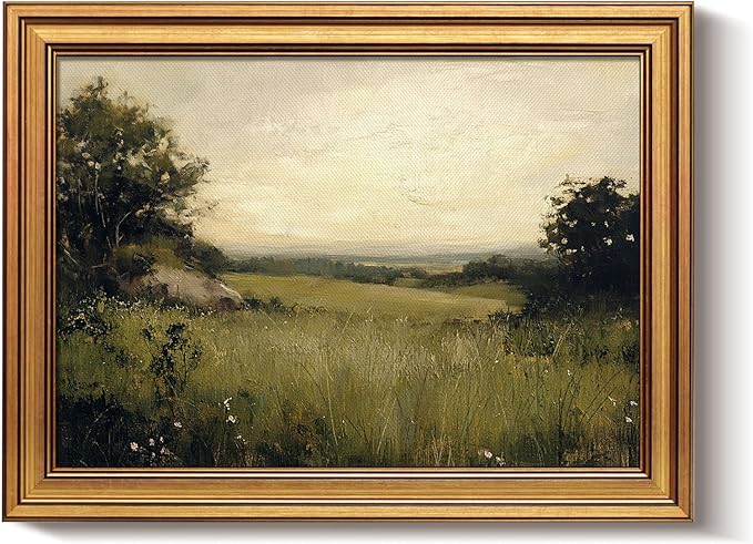 Bzstyleart Vintage Wall Art Decor for Living Room,Gold Framed Canvas Wall Art Home Decor Aesthetic,Grassland Vintage Landscape Prints,Canvas Picture Print Artwork,12 x 16 Inch
