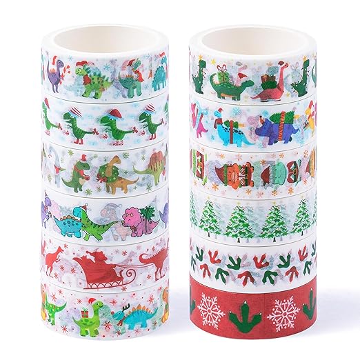 Christmas Dinosaur Washi Tape - 12 Rolls Dinosaur Footprints Christmas Trees Designs, Free Adhesive for Gift Wrapping, Scrapbook, Kids Crafts, Photo Albums, Journal Decor & DIY Projects